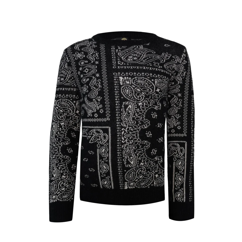 Impressive Black Wool Sweater Paisley Pattern Snover