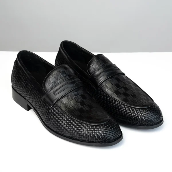 Black Woven Pattern Leather Loafer Front